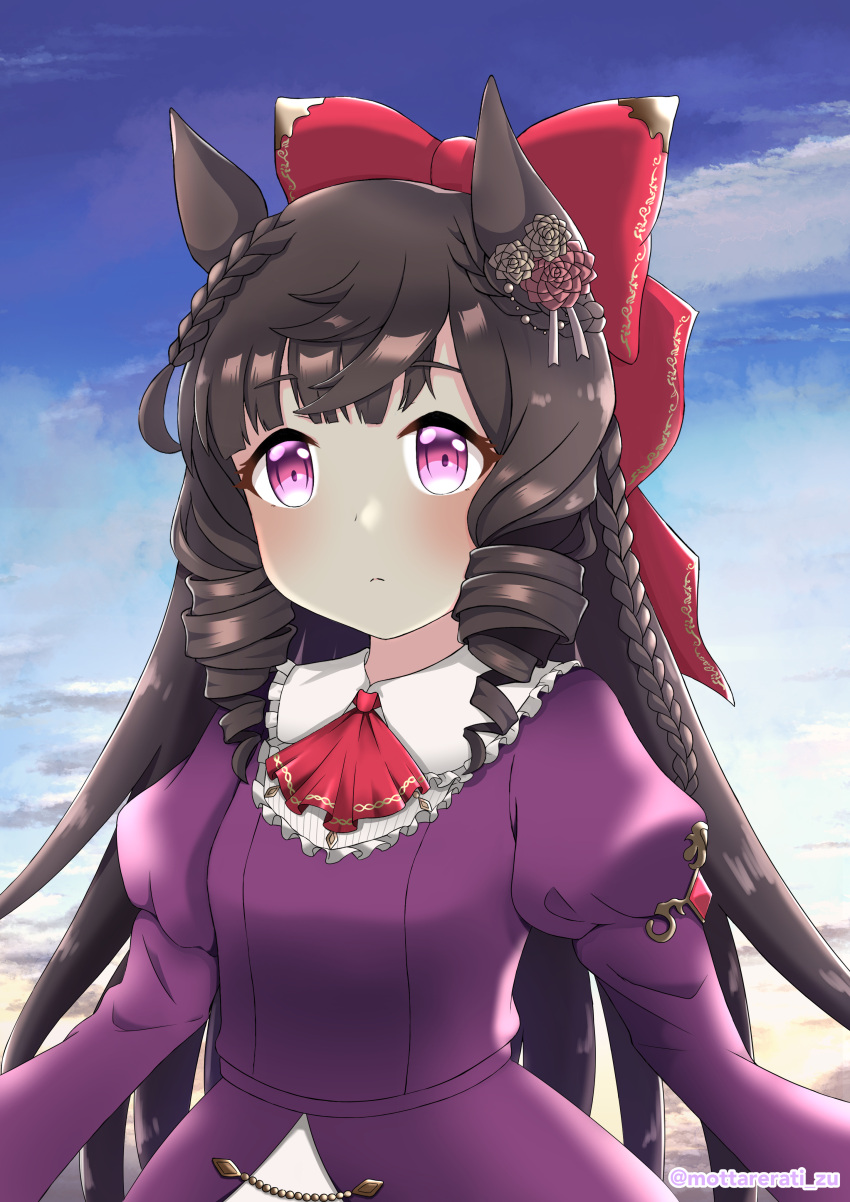 1girl, absurdres, animal_ears, black_hair, blush, bow, commentary_request, daiichi_ruby_(umamusume)