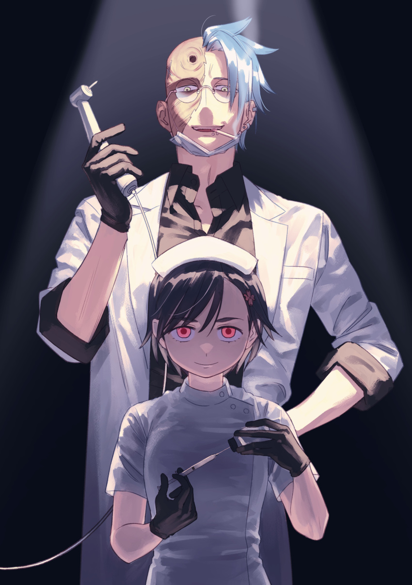 1boy, 1girl, absurdres, asymmetrical_hair, black_background, black_gloves, black_hair, blue_hair