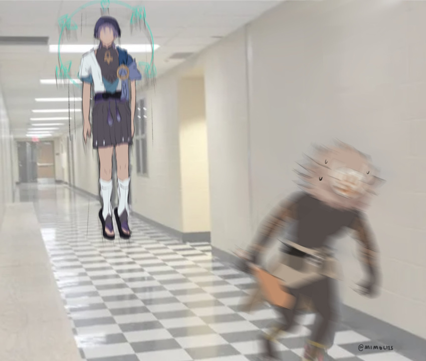 1boy, 1other, artist_name, club_(weapon), floating, floating_boy_chasing_running_boy_(meme), full_body, genshin_impact