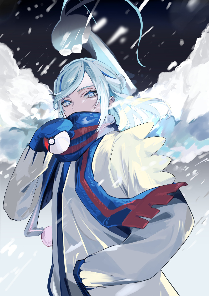 1boy, absurdres, altaria, bangs, blue_eyes, blue_hair, blue_mittens, blue_scarf