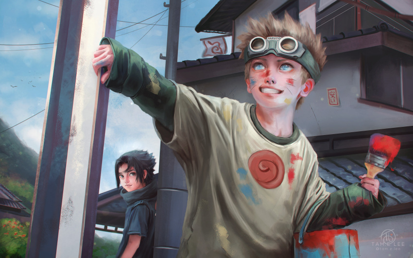 2boys, absurdres, black_hair, blonde_hair, blue_eyes, building, commentary, english_commentary, facial_mark, highres, holding, holding_paintbrush, male_child, male_focus, multiple_boys, naruto, naruto_(series), ninja, paint_on_clothes, paint_splatter, paint_splatter_on_face, paintbrush, short_hair, signature, smile, spiky_hair, tamelee, uchiha_sasuke, uzumaki_naruto, whisker_markings