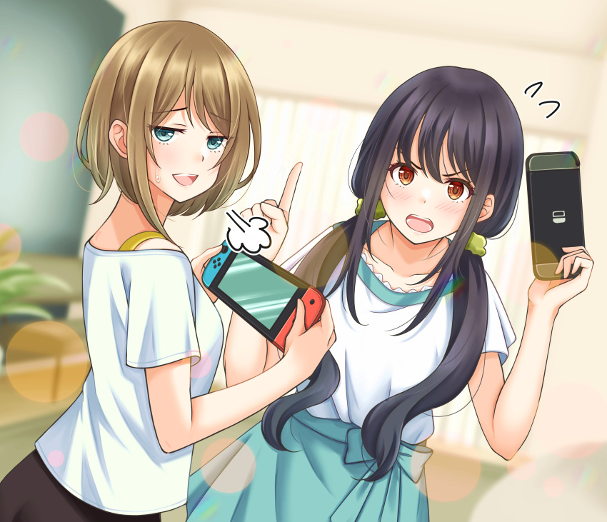 2girls, :d, absurdres, awazake_(2wairu), black_hair, blue_eyes, blue_skirt, blurry