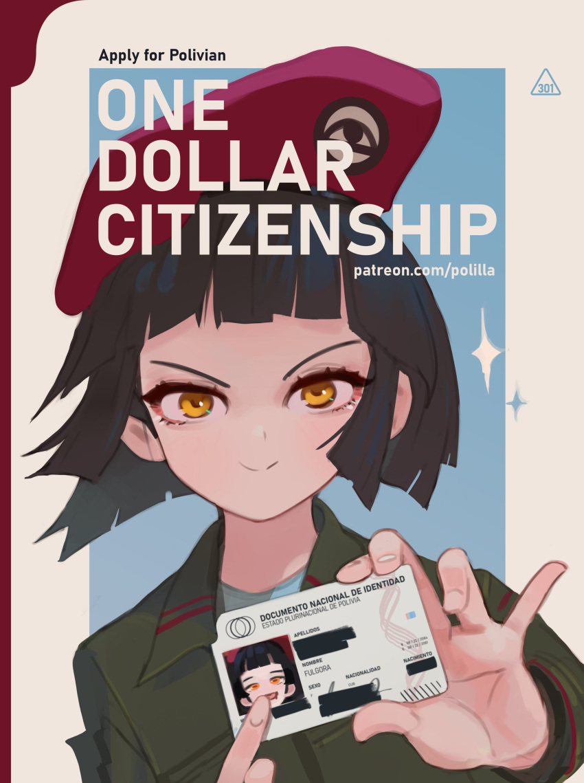 1girl, absurdres, beret, black_hair, character_name, closed_mouth, fulgora_(polilla), green_jacket