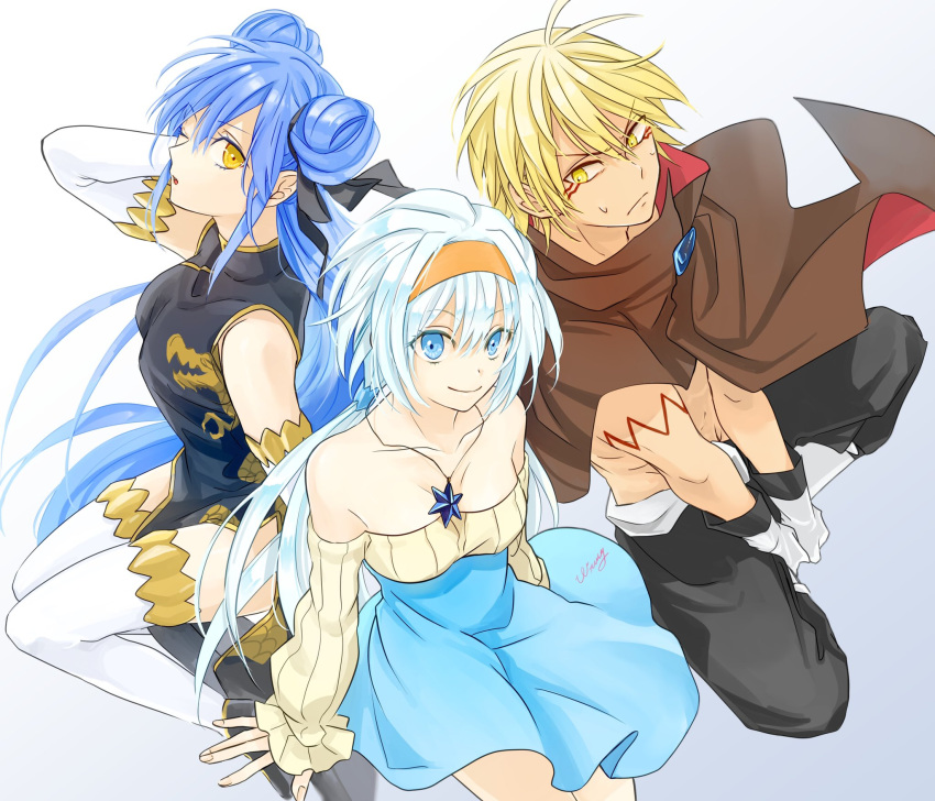 1boy, 2girls, artist_name, bare_shoulders, black_dress, blonde_hair, blue_dress, blue_eyes, blue_hair, brown_cape, cape, china_dress, chinese_clothes, closed_mouth, collarbone, double_bun, dragon, dragon_print, dress, elbow_gloves, frown, gloves, hair_bun, hairband, highres, jewelry, long_hair, long_sleeves, multiple_girls, necklace, pants, side_slit, sitting, sleeveless, sleeveless_dress, slime_(substance), smile, sweat, tensei_shitara_slime_datta_ken, thigh-highs, veldora_(tensei_shitara_slime_datta_ken), velgrynd_(tensei_shitara_slime_datta_ken), velzard_(tensei_shitara_slime_datta_ken), wata_miya_(shiro_momen), white_background, white_gloves, white_hair, white_thighhighs, yellow_eyes