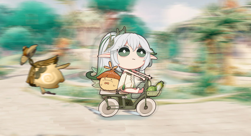 1girl, 2others, aranara_(genshin_impact), bag, bangs, basket, blurry, cabbage