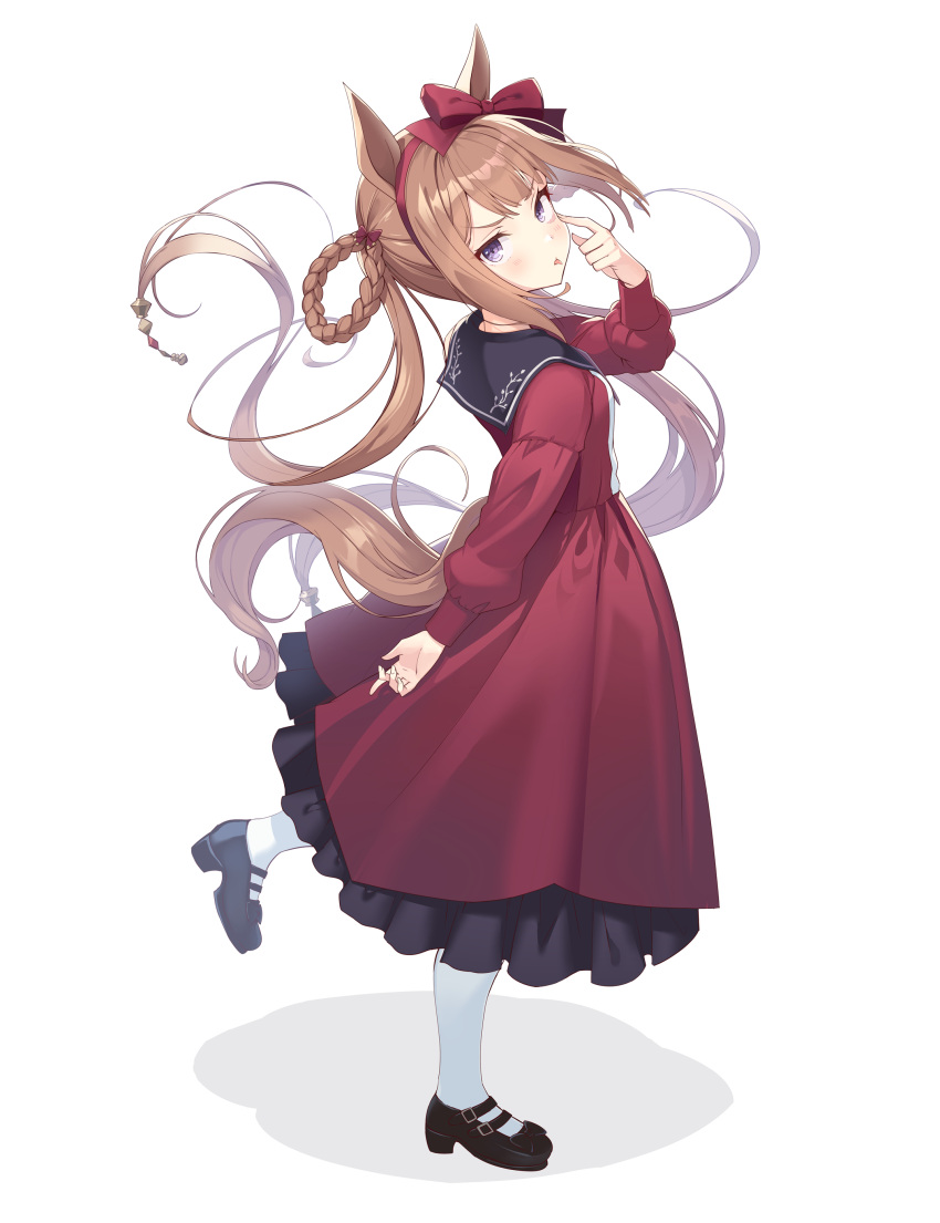 1girl, absurdres, animal_ears, black_footwear, blush, brown_hair, dress, fingernails, full_body, hair_rings, highres, horse_ears, horse_girl, horse_tail, long_hair, long_sleeves, looking_at_viewer, nueco, pantyhose, red_dress, shoes, simple_background, solo, sweep_tosho_(umamusume), tail, tongue, tongue_out, twintails, umamusume, violet_eyes, white_background, white_pantyhose