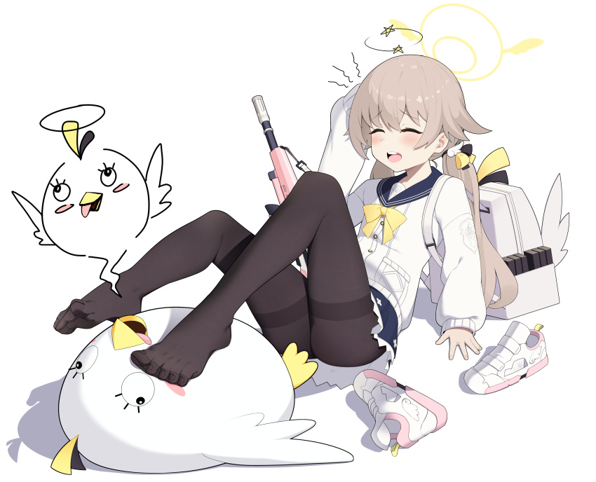 1girl, ^_^, absurdres, assault_rifle, bird, black_pantyhose, blue_archive, brown_hair