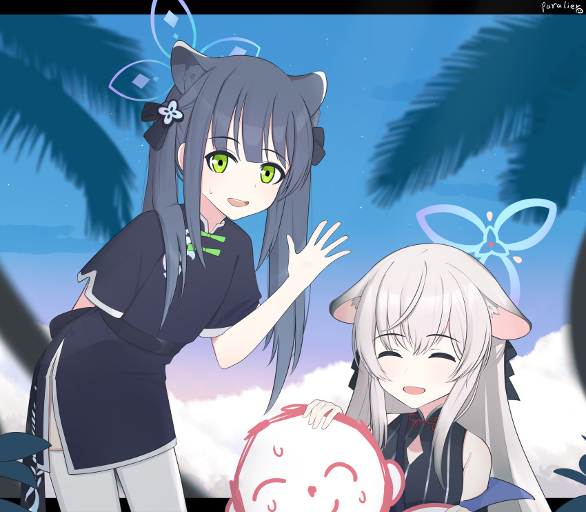 1boy, 2girls, :d, ^_^, ^o^, absurdres, animal_ears, bangs