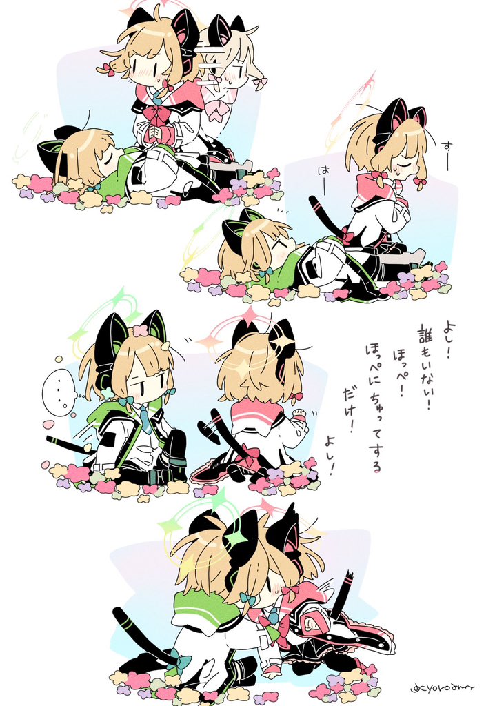 animal_ear_headphones, animal_ears, bangs, blonde_hair, blue_archive, blue_necktie, bow, cat_ear_headphones