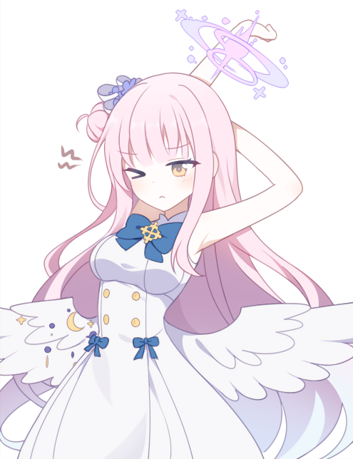 1girl, angel_wings, armpits, arms_behind_head, arms_up, bangs, blue_archive, dress, feathered_wings, flower, hair_bun, hair_flower, hair_ornament, hair_scrunchie, halo, long_hair, low_wings, mika_(blue_archive), moa9mo9, pink_hair, scrunchie, simple_background, single_side_bun, sleeveless, sleeveless_dress, solo, stretching, very_long_hair, white_dress, white_wings, wings, yellow_eyes