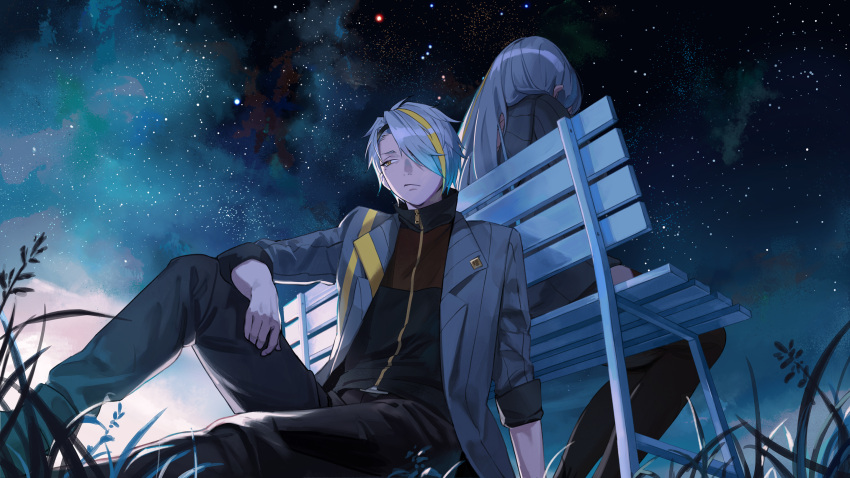 1boy, 1girl, bench, black_pants, black_shirt, blue_sky, closed_mouth, facing_away