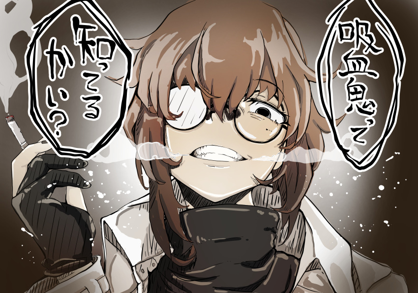 1girl, absurdres, bangs, black_background, black_eyes, black_gloves, black_shirt, brown_hair
