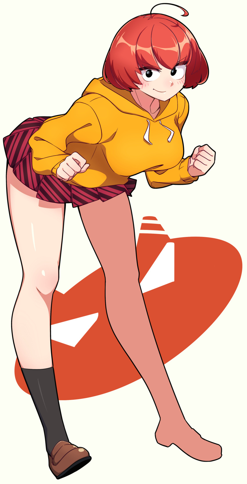 1girl, absurdres, ahoge, black_eyes, breasts, brown_footwear, closed_mouth, full_body, highres, hood, hoodie, komi-san_wa_komyushou_desu, lecca_aisu, loafers, long_sleeves, looking_at_viewer, medium_breasts, miniskirt, onigashima_akako, pleated_skirt, red_skirt, redhead, shoes, short_hair, simple_background, skirt, smile, socks, solo, white_background, yellow_hoodie