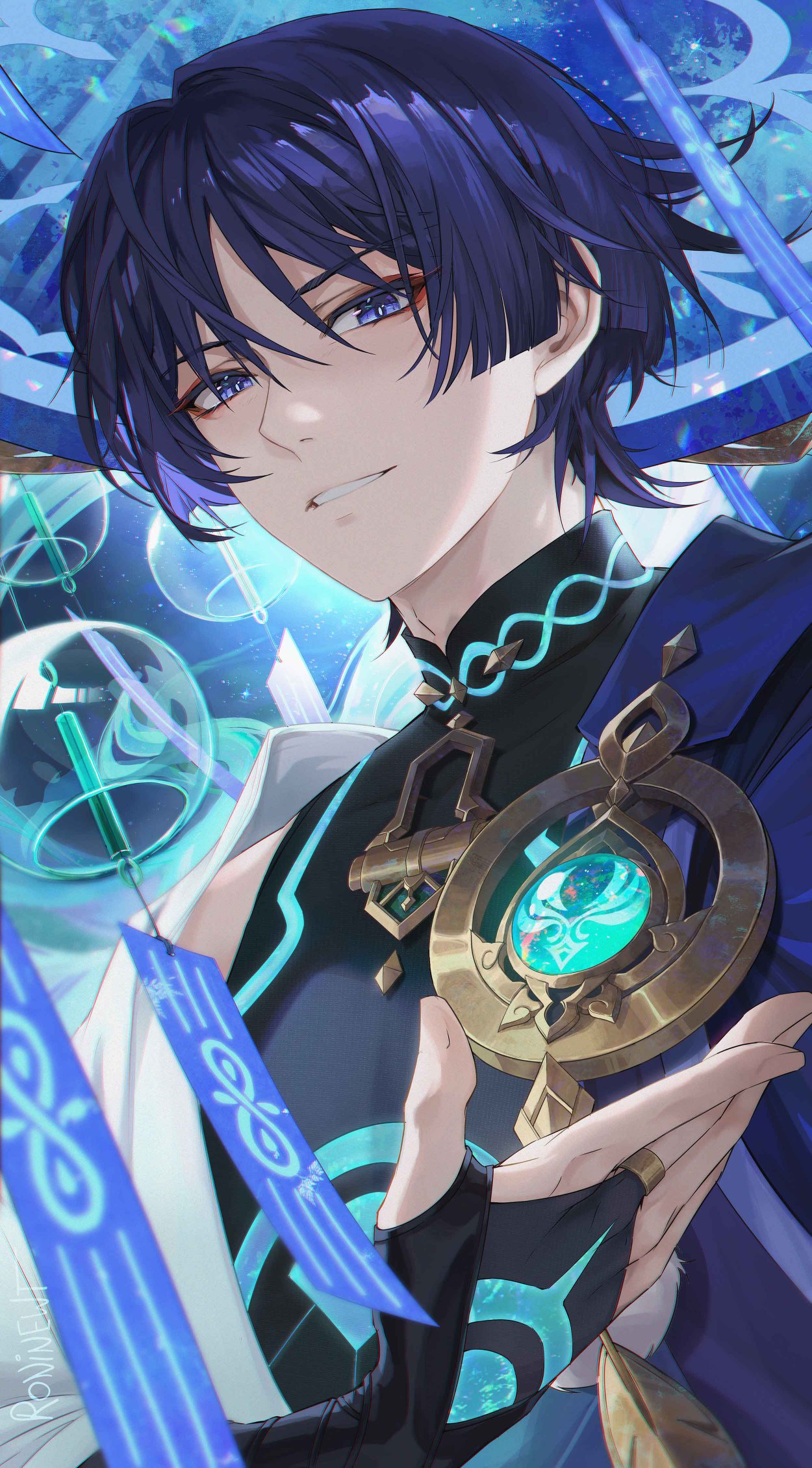 1boy, armor, bangs, bishounen, blue_hair, blue_headwear, blue_vest, blunt_ends