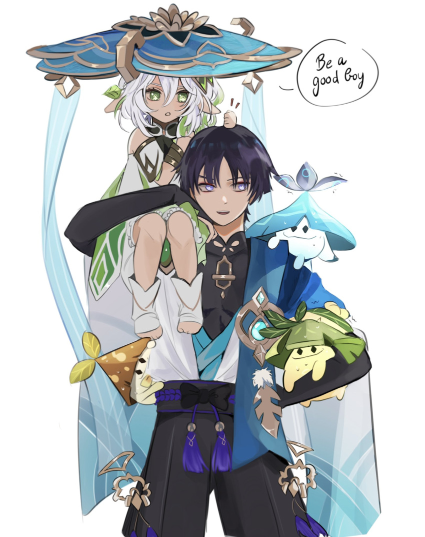 1boy, 1girl, arakavi_(genshin_impact), aranakula_(genshin_impact), ararycan_(genshin_impact), bangs, black_shirt, braid