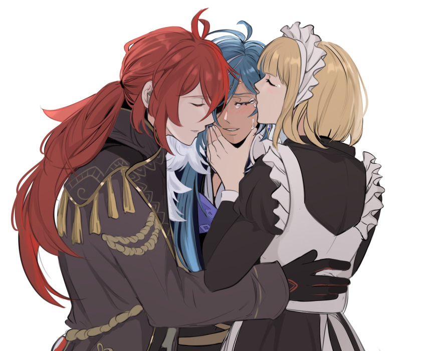 1girl, 2boys, adelinde_(genshin_impact), antenna_hair, apron, bangs, blonde_hair, blue_hair, blush, comforting, crying, dark-skinned_male, dark_skin, diluc_(genshin_impact), english_commentary, eyepatch, frendraw, genshin_impact, grin, highres, jacket, kaeya_(genshin_impact), kiss, long_hair, long_sleeves, maid, maid_apron, maid_headdress, multiple_boys, redhead, smile, tearing_up, tears, upper_body, white_background