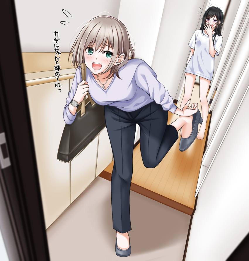 2girls, :d, absurdres, awazake_(2wairu), bag, barefoot, black_footwear, black_hair