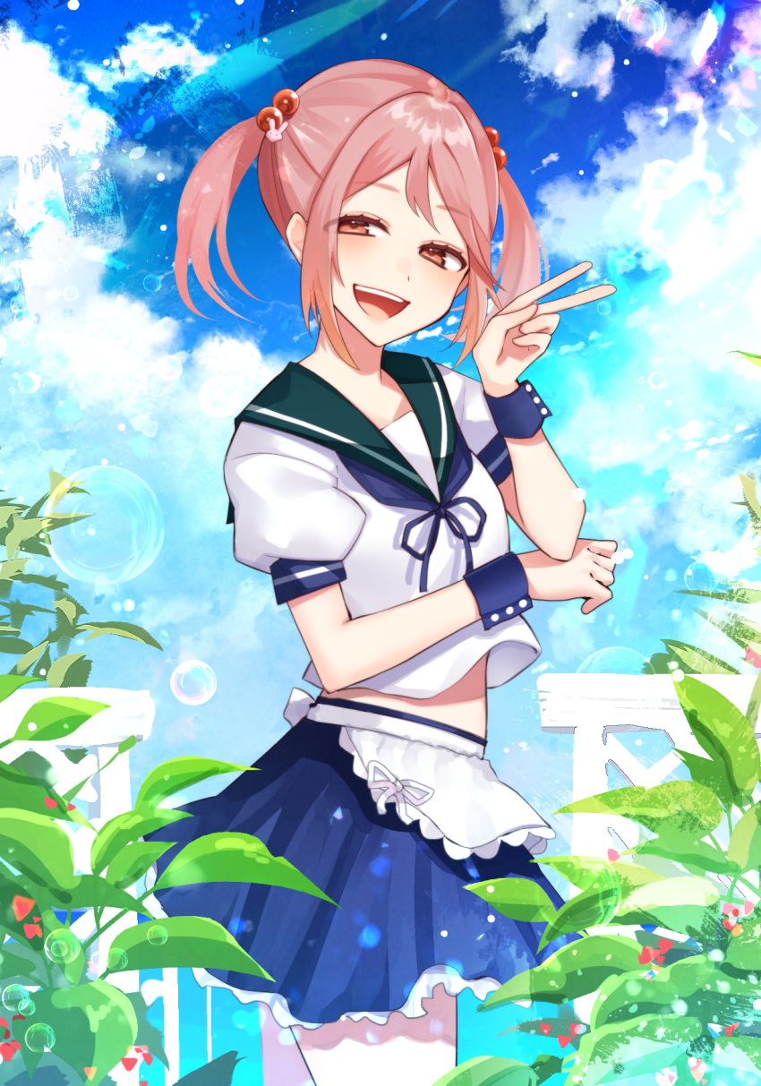1girl, air_bubble, apron, blue_neckerchief, blue_sailor_collar, blue_skirt, blue_sky, bubble