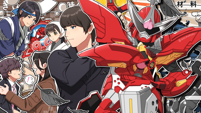 1010_mumumu, 1girl, 4boys, avataro_sentai_donbrothers, black_hair, black_suit, blue_eyes, brown_coat, brown_eyes, brown_hair, coat, donmomotarou, formal, glasses, headband, highres, inuzuka_tsubasa, japanese_clothes, kijino_tsuyoshi, kimono, kito_haruka, leaf, messy_hair, multiple_boys, necktie, pink_necktie, pocket_square, saruhara_shinichi, suit, super_sentai, tasuki