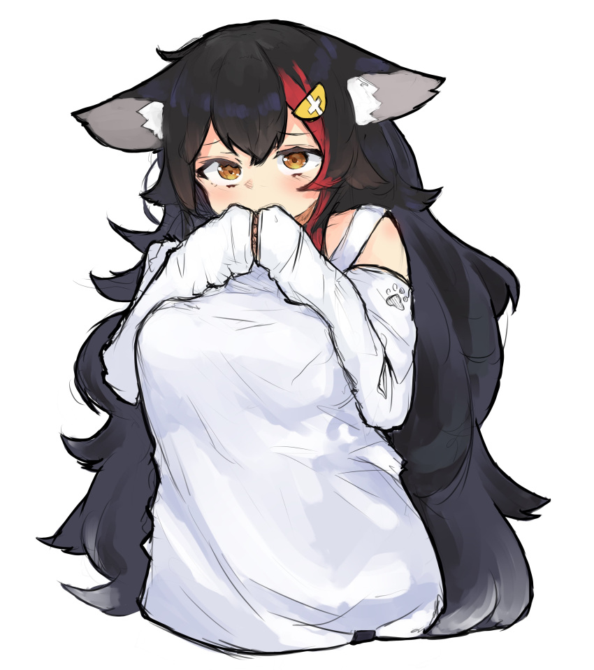 1girl, absurdres, animal_ear_fluff, animal_ears, black_hair, blush, breasts, brown_eyes