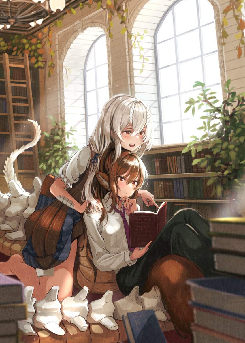 159cm, 2girls, :d, barefoot, blue_skirt, blush, book, closed_mouth