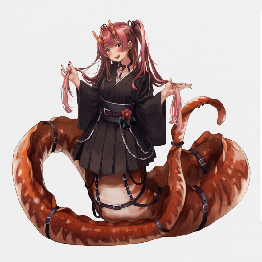 159cm, 1girl, :d, belt, black_choker, black_kimono, black_sash, blush, chest_harness, choker, ear_piercing, earrings, fingernails, flower, full_body, harness, head_tilt, horns, japanese_clothes, jewelry, kimono, kimono_skirt, lamia, looking_at_viewer, monster_girl, multicolored_nails, nail_polish, o-ring, obi, original, piercing, red_belt, red_eyes, red_flower, red_nails, redhead, sash, simple_background, smile, solo, tail, tail_belt, tail_ornament, tail_piercing, twintails, white_background