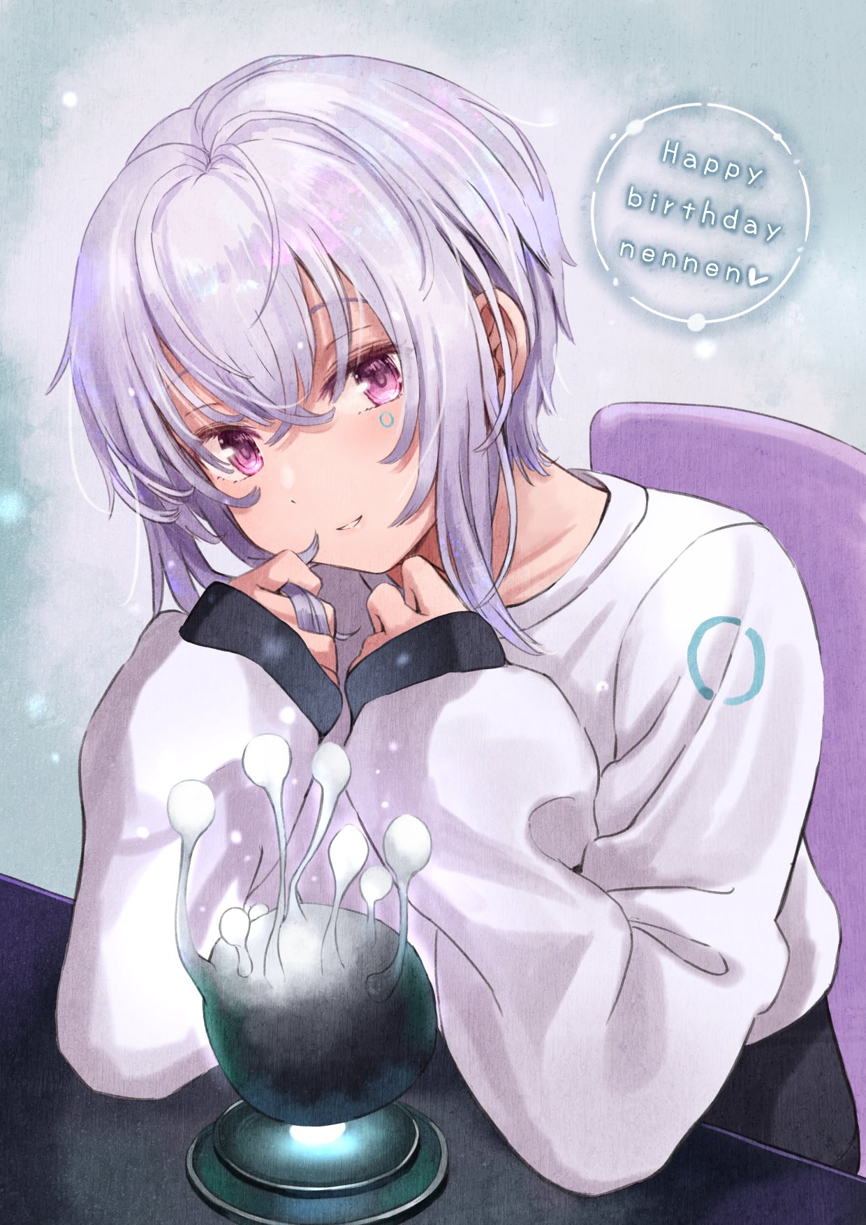 159cm, 1girl, black_skirt, chair, facial_mark, hair_twirling, happy_birthday, head_tilt