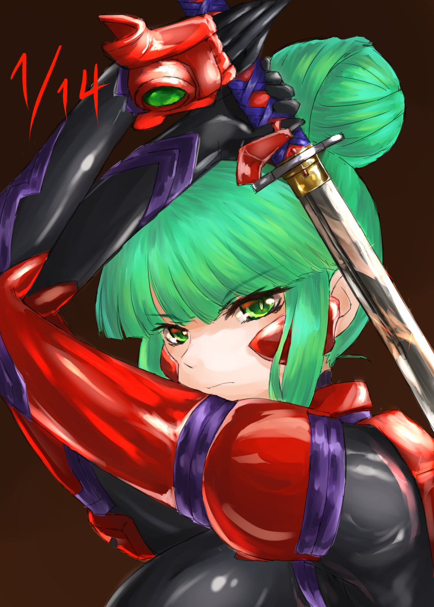 1girl, absurdres, black_background, black_bodysuit, black_gloves, bodysuit, breasts, fortified_suit, from_side, gloves, green_eyes, green_hair, hair_behind_ear, hair_bun, highres, holding, holding_sword, holding_weapon, katana, medium_breasts, muvluv, muvluv_alternative, nanabankarasu, pilot_suit, single_hair_bun, solo, sword, tsukuyomi_mana, v-shaped_eyebrows, weapon