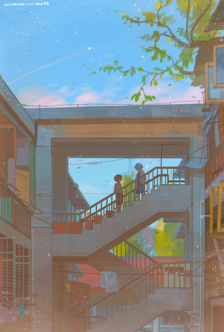 2boys, absurdres, artist_name, bangs, bare_shoulders, black_eyes, black_shorts, blue_hair