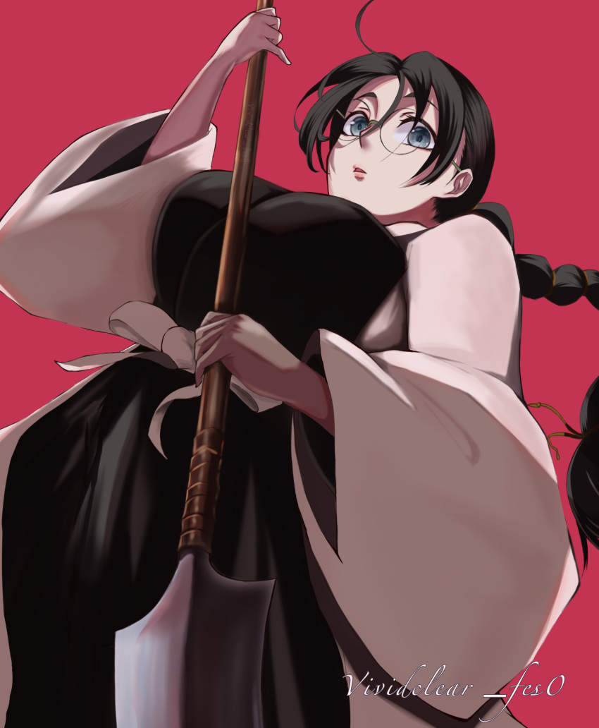 1girl, bangs, black_hair, black_kimono, bleach, bleach:_the_thousand-year_blood_war, braid, breasts