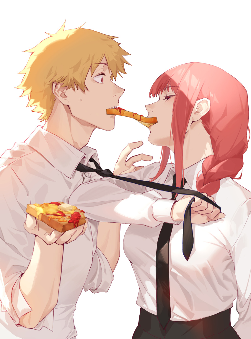 1boy, 1girl, absurdres, black_necktie, black_pants, blonde_hair, braid, braided_ponytail