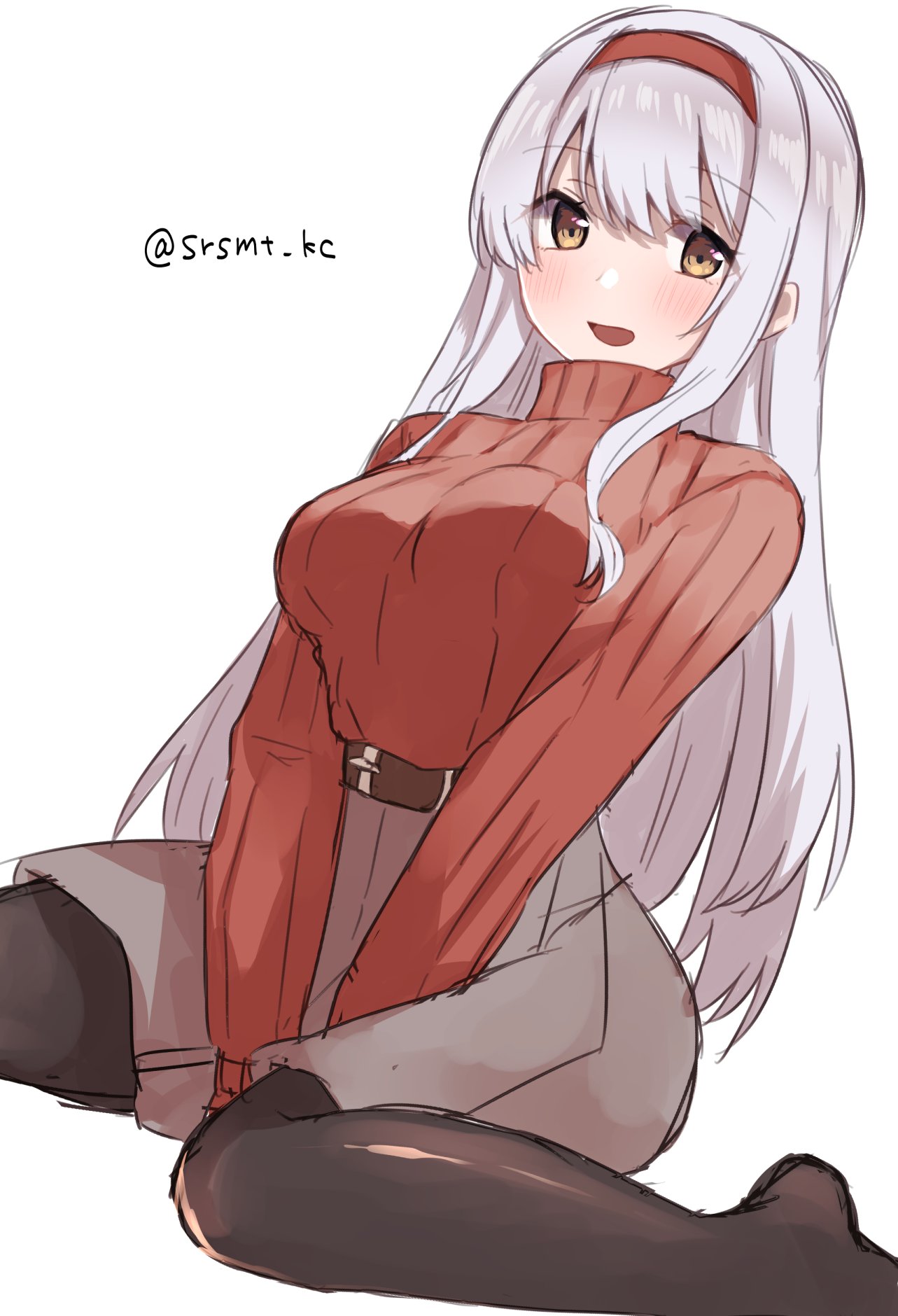 1girl, black_pantyhose, brown_eyes, grey_skirt, hairband, highres, kantai_collection, long_hair