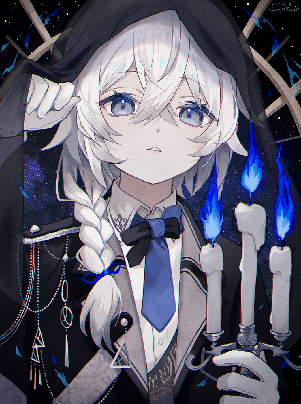 1boy, androgynous, black_hoodie, blue_fire, braid, candle, candlestand, fire