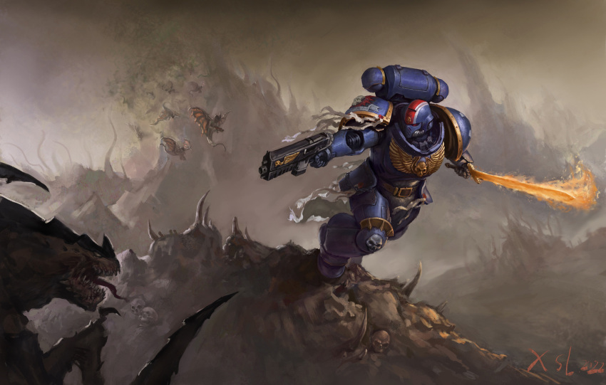 1boy, adeptus_astartes, armor, armored_boots, bolter, boots, dual_wielding, flaming_sword