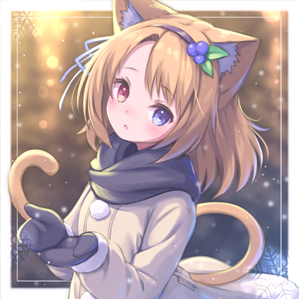 1girl, :o, animal_ear_fluff, animal_ears, bangs, black_hairband, black_mittens, black_scarf