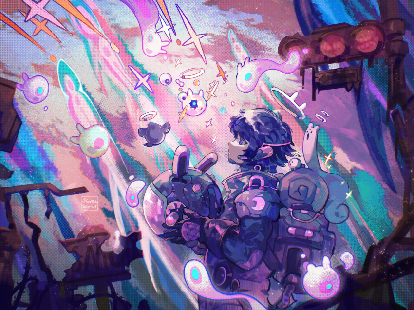 1other, absurdres, androgynous, animal_helmet, backpack, bag, bangs, blue_eyes