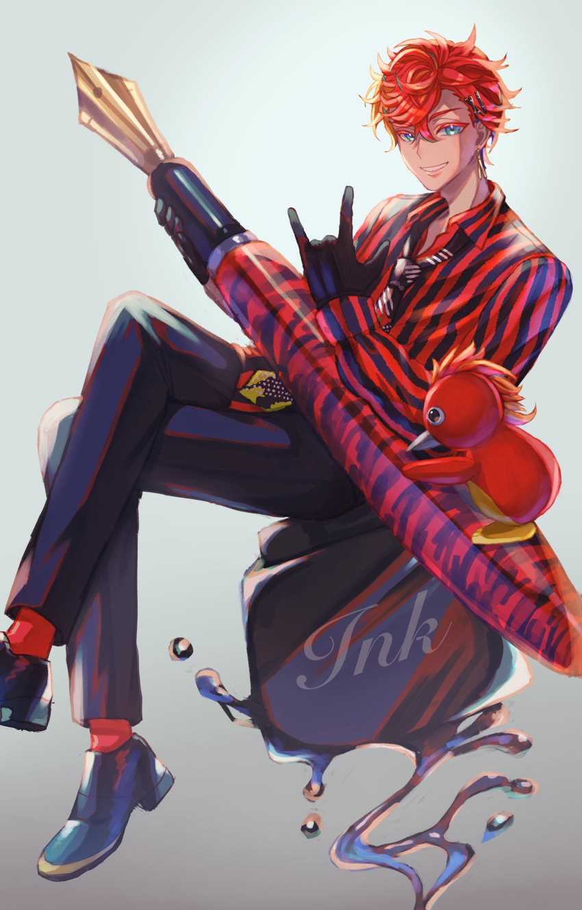 1boy, \m/, absurdres, aqua_eyes, bird, black_footwear, black_gloves, black_jacket, black_necktie, black_pants, collared_shirt, commentary, crossed_legs, earrings, full_body, gloves, gradient, gradient_background, grin, hair_between_eyes, hair_ornament, hairclip, highres, hizaki_gamma, holding, holding_pen, holostars, ink, ink_bottle, jacket, jewelry, looking_at_viewer, male_focus, mamenoha, multicolored_hair, necktie, nib_pen_(object), open_collar, orange_hair, oversized_object, pants, pen, penguin, purple_hair, red_shirt, red_socks, redhead, shirt, shirt_partially_tucked_in, shoes, short_hair, sitting, smile, socks, solo, streaked_hair, striped, striped_shirt, two-tone_hair, vertical-striped_shirt, vertical_stripes, virtual_youtuber, white_background