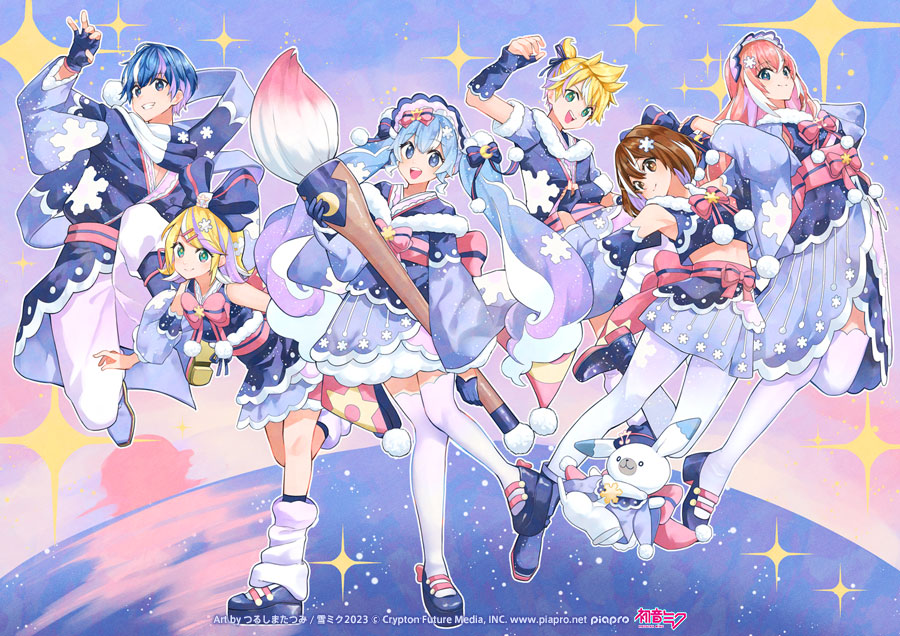 2boys, 4girls, animal, aqua_eyes, arched_back, arm_warmers, art_brush, bare_shoulders