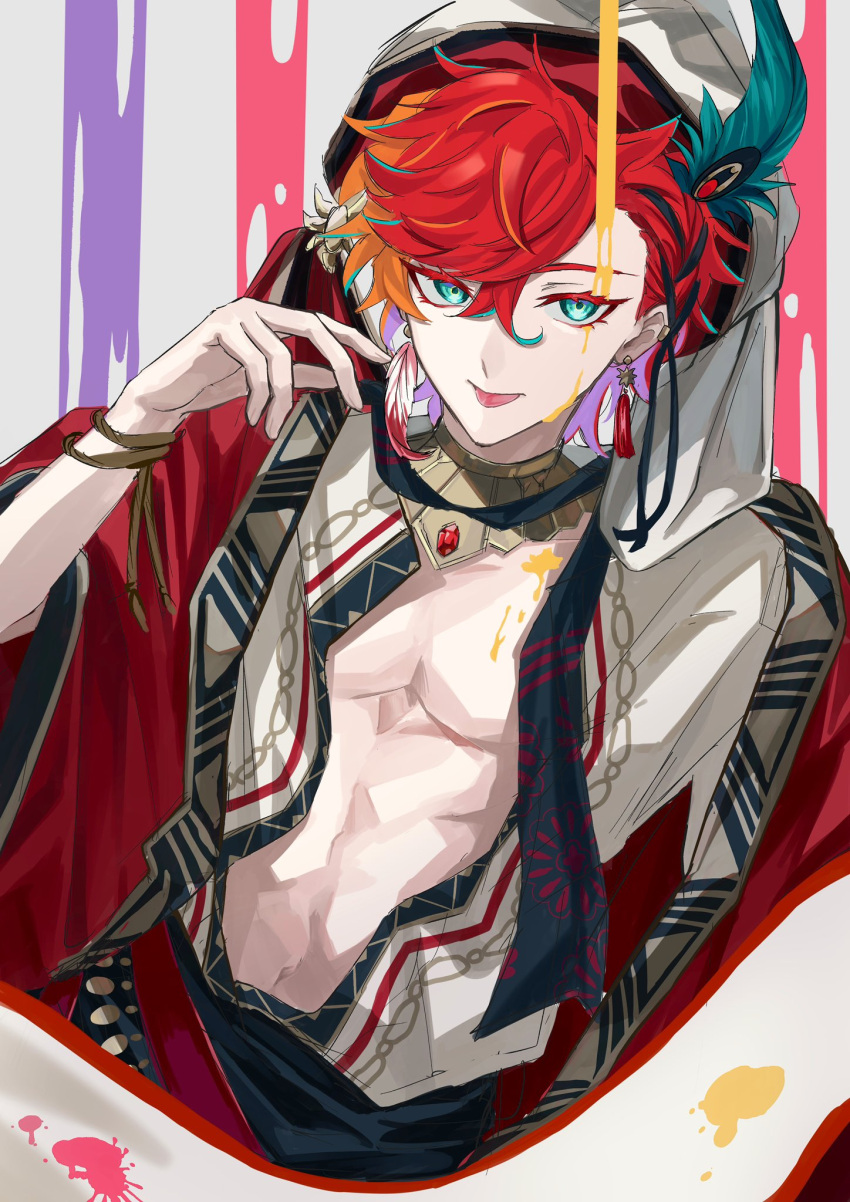 1boy, aqua_eyes, arabian_clothes, bracelet, coat, collar, colored_eyelashes, earclip