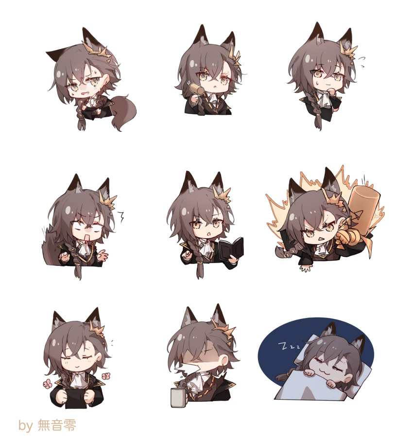 1girl, :o, ^^^, animal_ear_fluff, animal_ears, arknights, ascot, bangs, black_jacket, book, braid, brown_eyes, brown_hair, brown_vest, closed_mouth, collared_shirt, commentary_request, faceless, faceless_female, hair_between_eyes, hair_over_shoulder, hammer, highres, holding, holding_book, jacket, long_hair, multiple_views, muonrei00, open_book, parted_lips, penance_(arknights), pillow, shaded_face, shirt, simple_background, single_braid, sleeping, spit_take, spitting, sweat, under_covers, vest, wavy_mouth, white_ascot, white_background, white_shirt, zzz