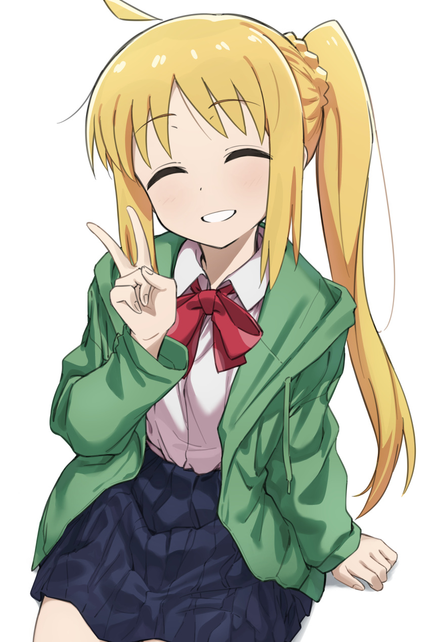 1girl, ^_^, absurdres, ahoge, bangs, blonde_hair, blue_skirt, bocchi_the_rock!