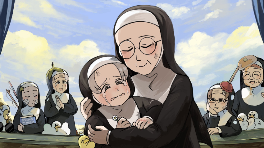 6+girls, aged_down, banana_peel, bird, book, brown_hair, brunette_bangs_nun_(diva), catholic