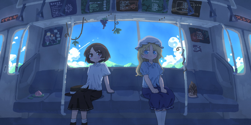 2girls, ad, arm_support, bamboo_shoot, black_footwear, black_headwear, black_skirt, blonde_hair