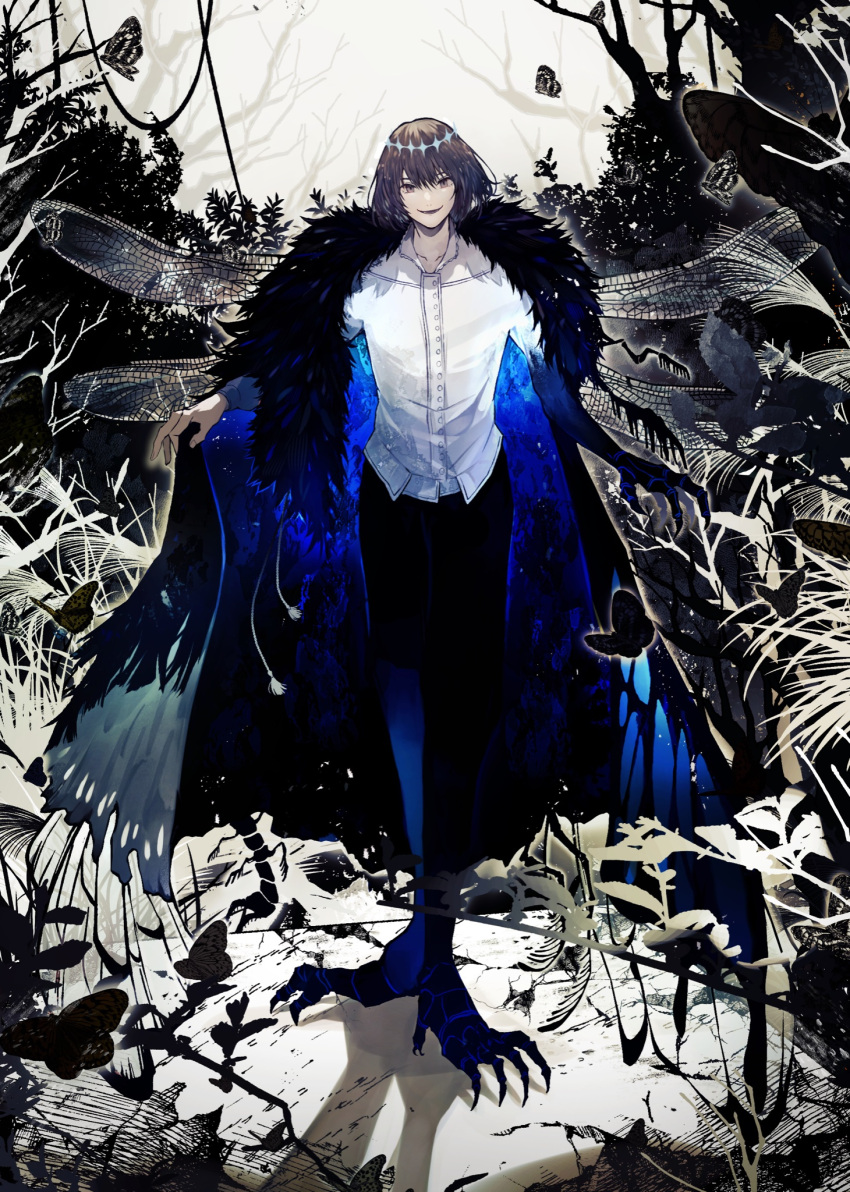 1boy, arthropod_boy, bangs, black_hair, black_pants, bug, butterfly, claws