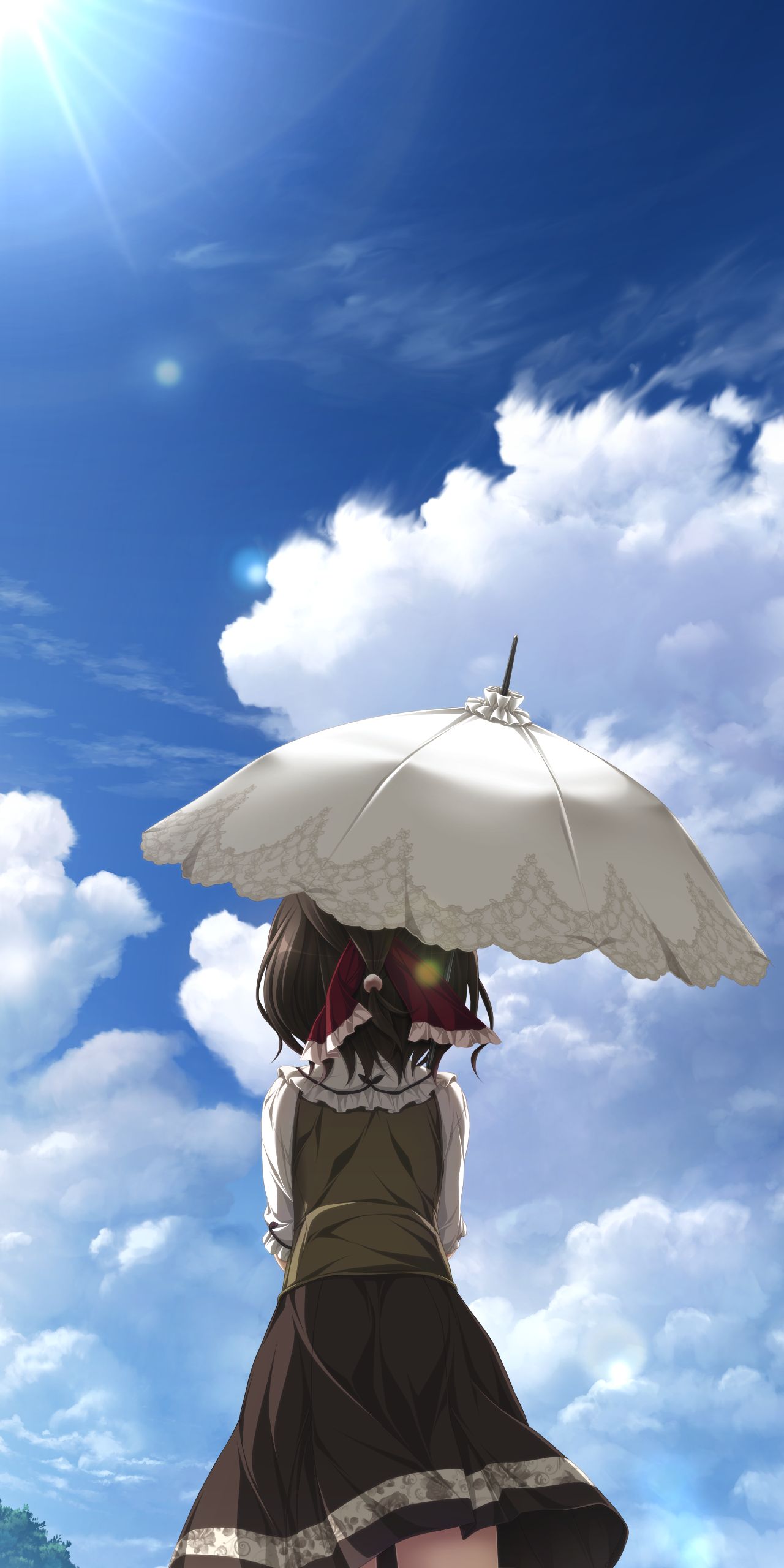 1girl, absurdres, amatsutsumi, black_skirt, blue_sky, bow, brown_hair, brown_vest