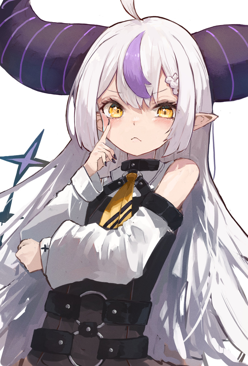 1girl, ahoge, ascot, bare_shoulders, black_horns, black_nails, blush, fingernails