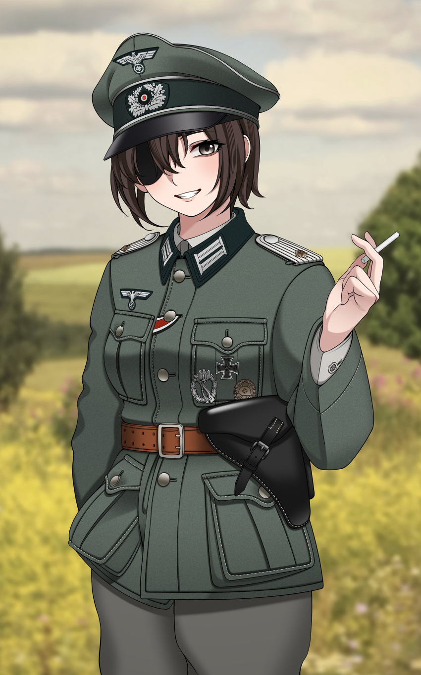 1girl, absurdres, brown_hair, cigarette, cross, eyepatch, green_jacket, grey_pants