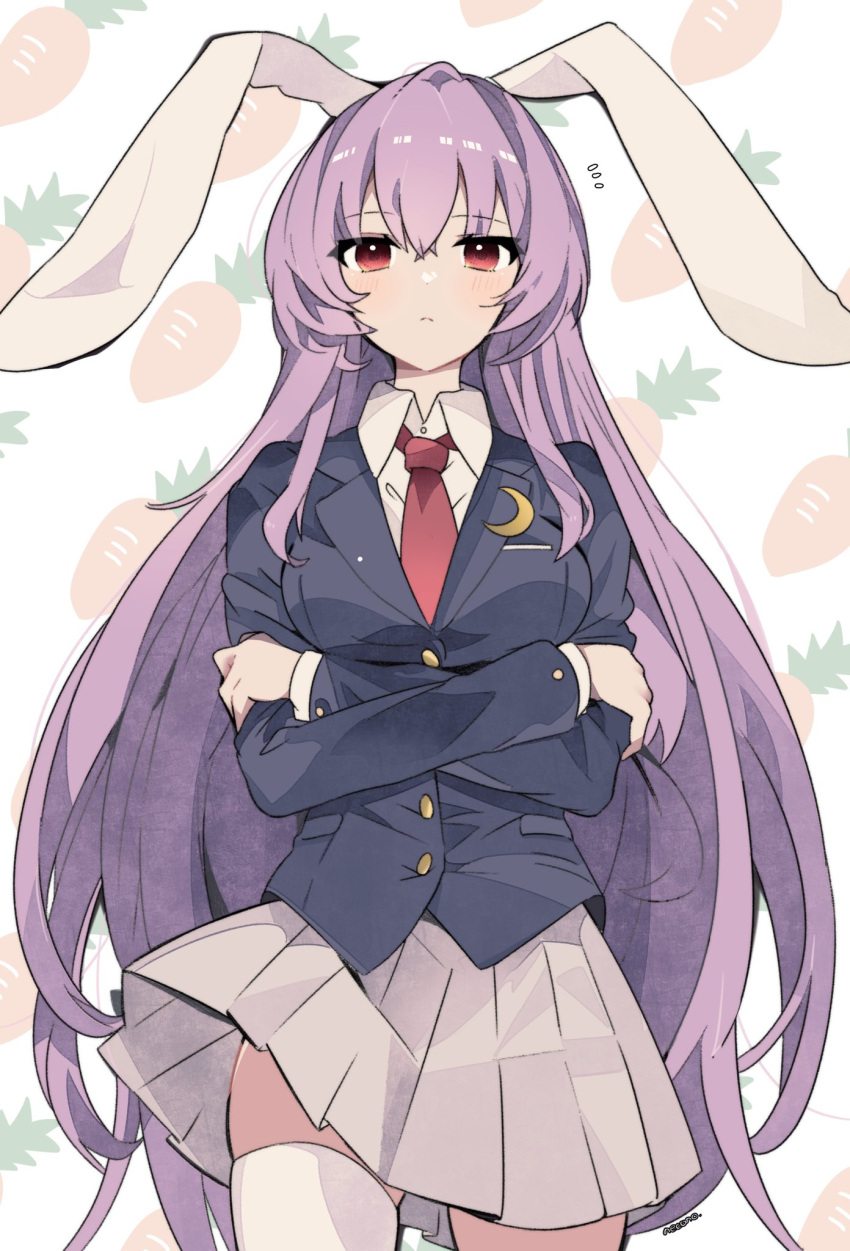 1girl, animal_ears, black_jacket, blazer, breasts, closed_mouth, collared_shirt, cowboy_shot, crescent, crescent_pin, crossed_arms, highres, jacket, long_sleeves, looking_at_viewer, necktie, necono_(nyu6poko), pleated_skirt, rabbit_ears, rabbit_girl, red_necktie, reisen_udongein_inaba, shirt, simple_background, skirt, solo, standing, thigh-highs, touhou, white_background, white_shirt, white_thighhighs