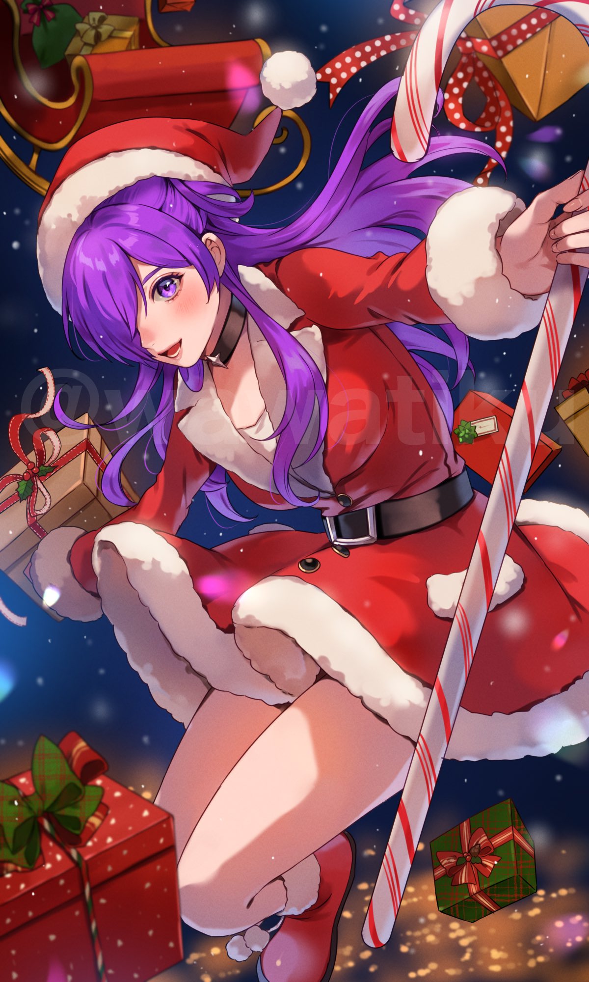 1girl, alternate_costume, bangs, blush, box, breasts, candy, candy_cane