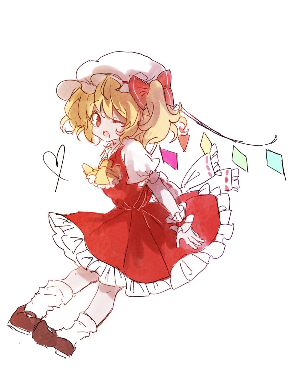 1girl, ascot, blonde_hair, brown_footwear, chinese_commentary, commentary_request, dress, flandre_scarlet